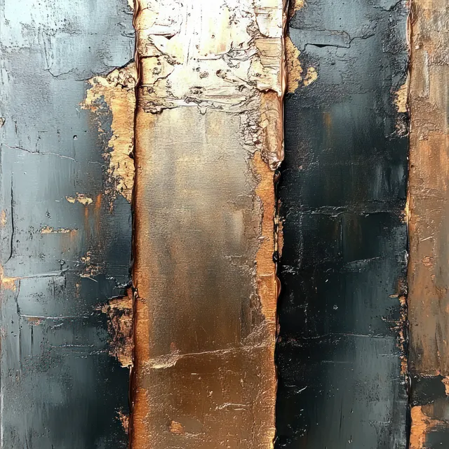Close-up of rusted metal with peeling black and copper paint, cracks, and layered weathered texture.