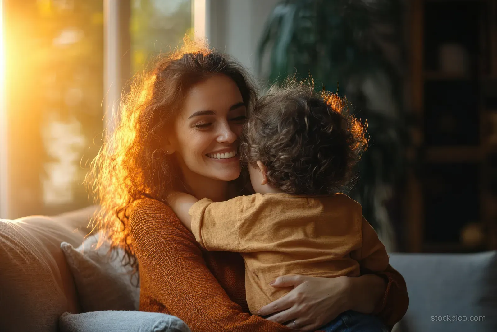 Mother holds her daughter in a hug on a couch as warm sunlight streams through a window.