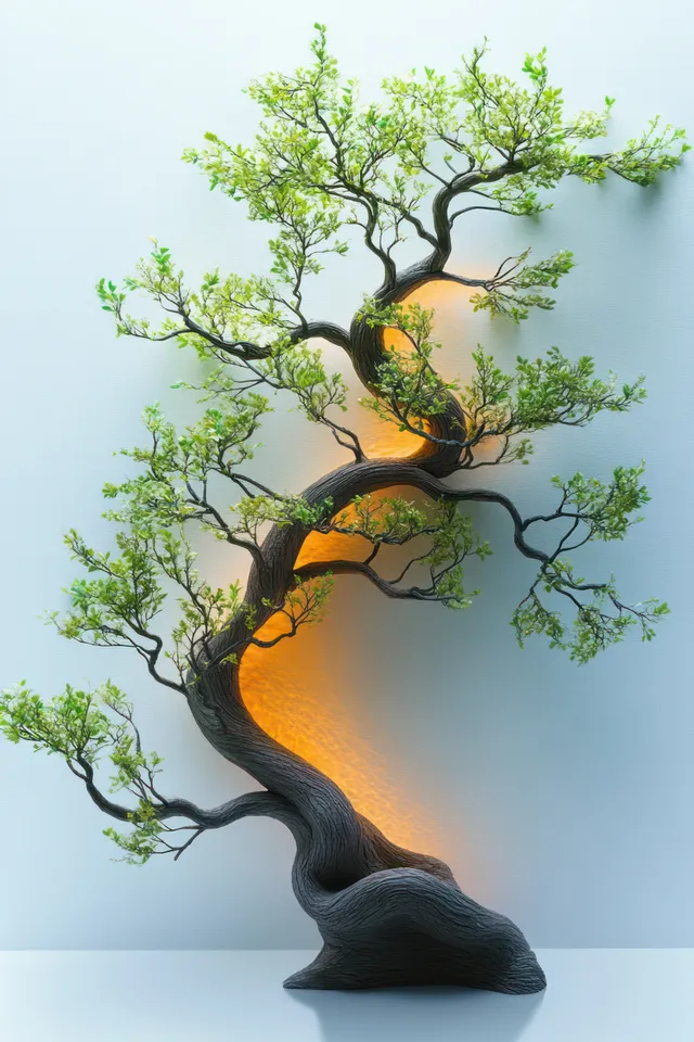 A twisted bonsai tree with vibrant green leaves is softly illuminated against a clean white background.