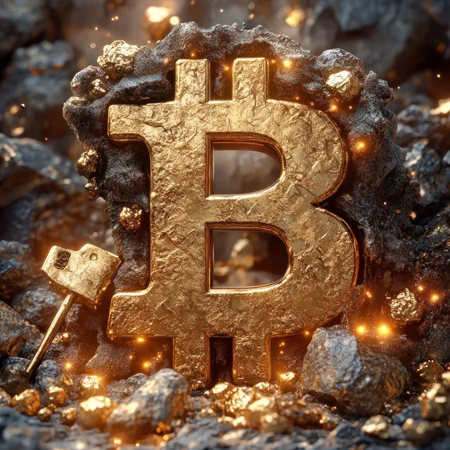 Golden Bitcoin symbol resting on shiny nuggets with mining pickaxe highlights
