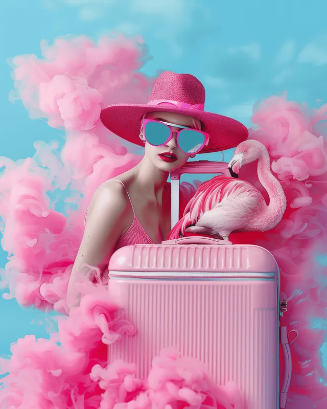 Pink flamingo traveler with a hat and sunglasses carries a suitcase through fluffy pastel clouds.