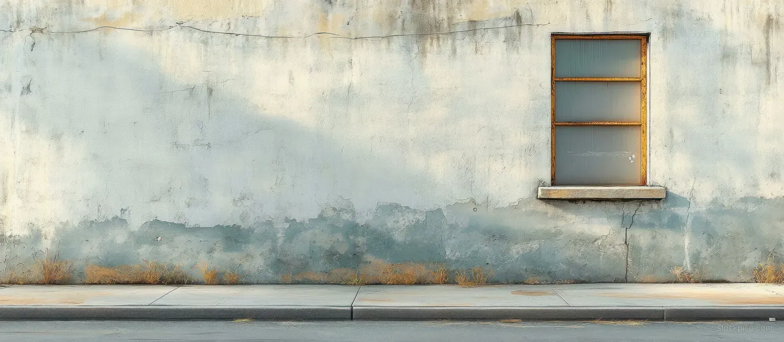 Weathered concrete wall with a single wooden-framed window and dry grass along an empty sidewalk by a street.