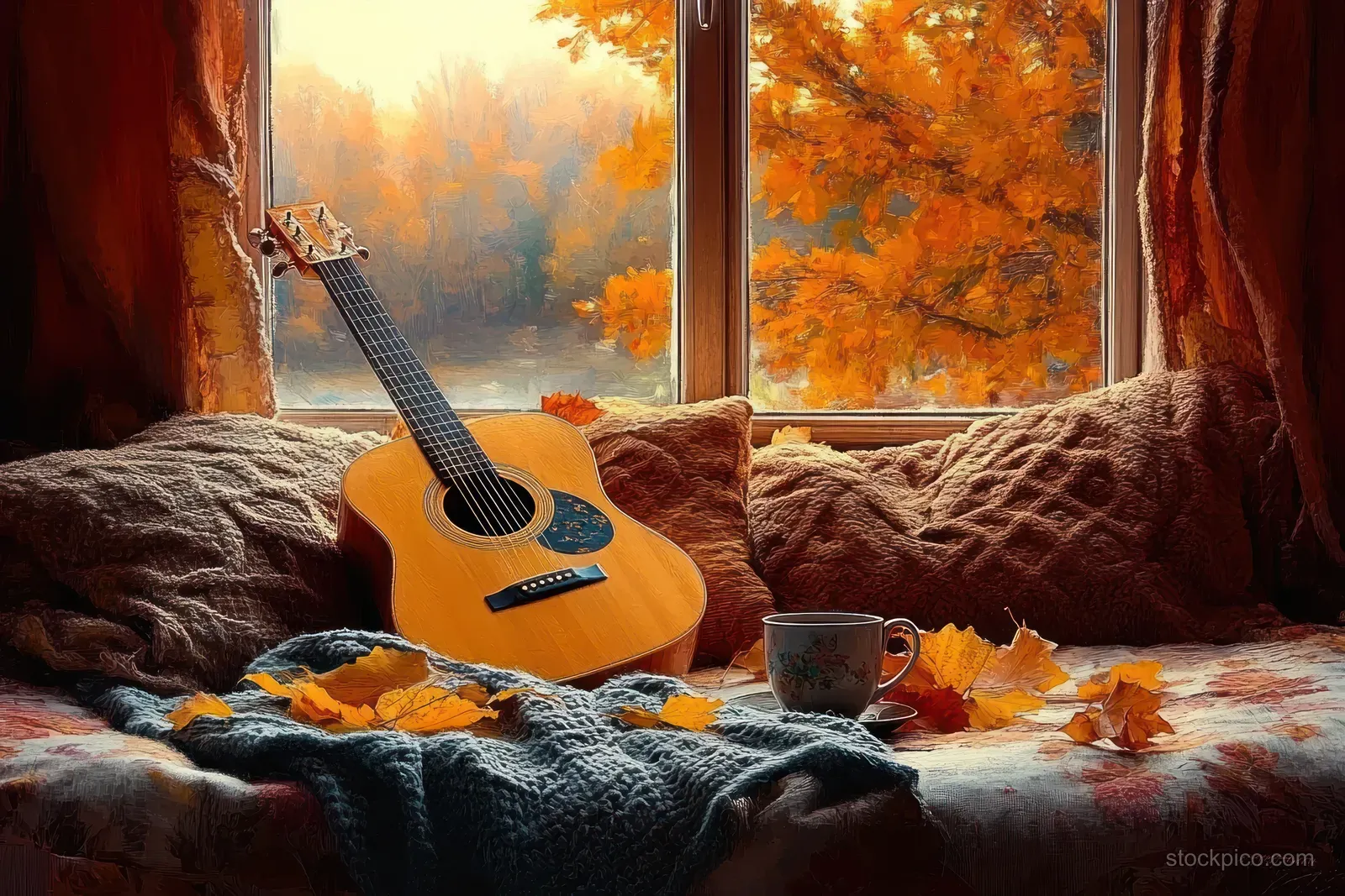 Acoustic guitar and floral cup on a cozy window seat beside scattered autumn leaves with orange foliage outside.