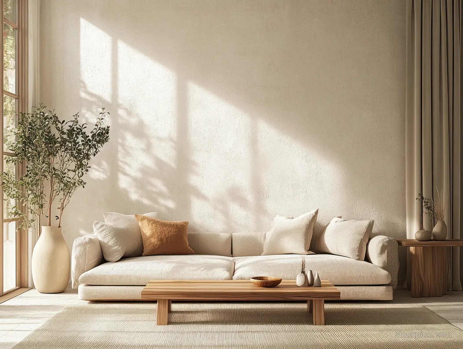 A beige sofa sits in a minimalist living room with a wooden table, jute rug, and sunlight on a concrete wall.