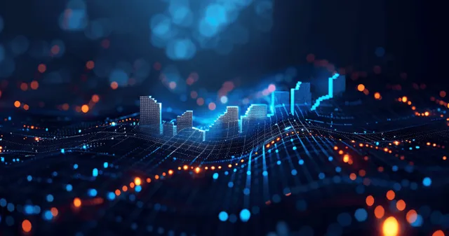 Futuristic stock chart rises with glowing data network across dark financial trading grid