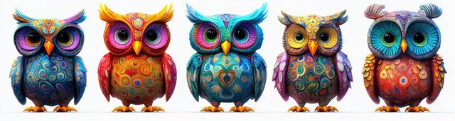 Five colorful stylized owls with swirling feather patterns and large expressive eyes stand in a row on a white background.