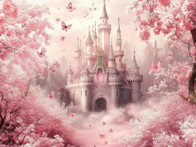A pink fairytale castle surrounded by cherry blossom trees with butterflies flying through dreamy mist.
