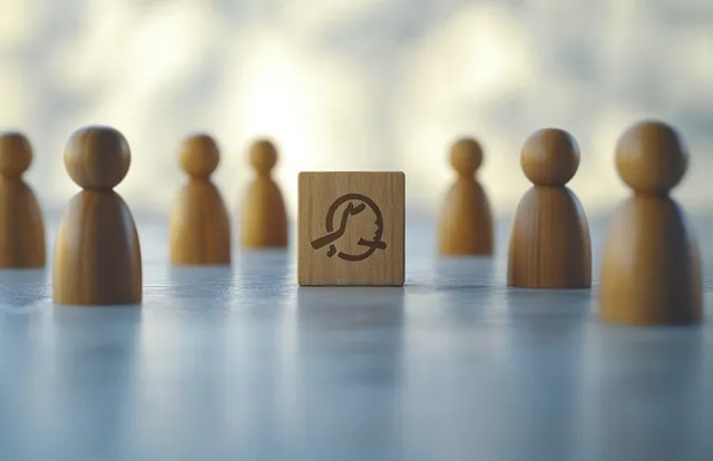 Wooden figures form a semi-circle around a block with a brain icon for focus