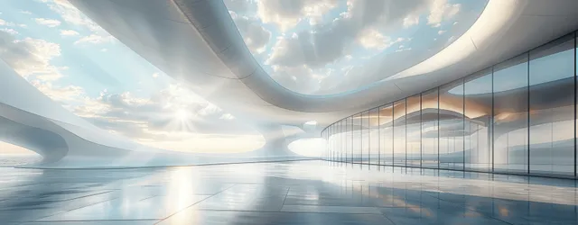 Futuristic white concrete museum atrium with curved glass windows and flowing ceiling lighting.
