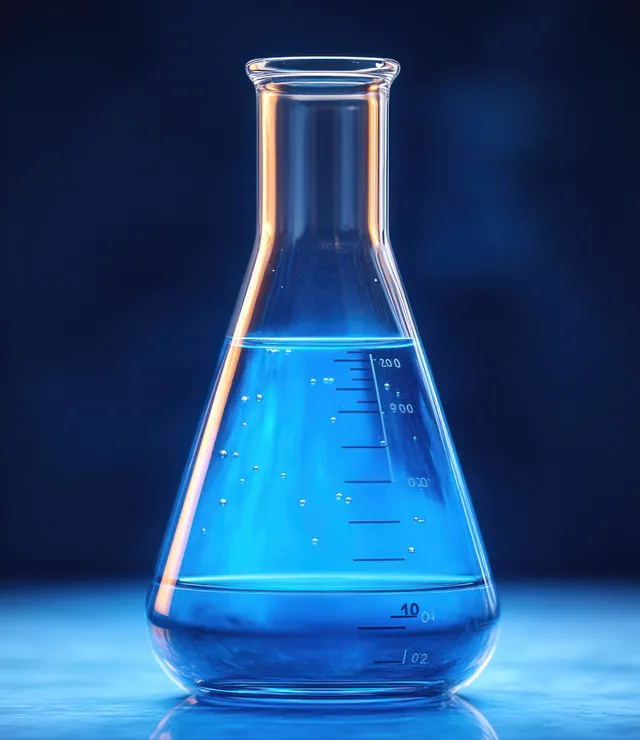 A transparent Erlenmeyer flask filled with blue liquid and bubbles sits on a surface against a dark blue background.