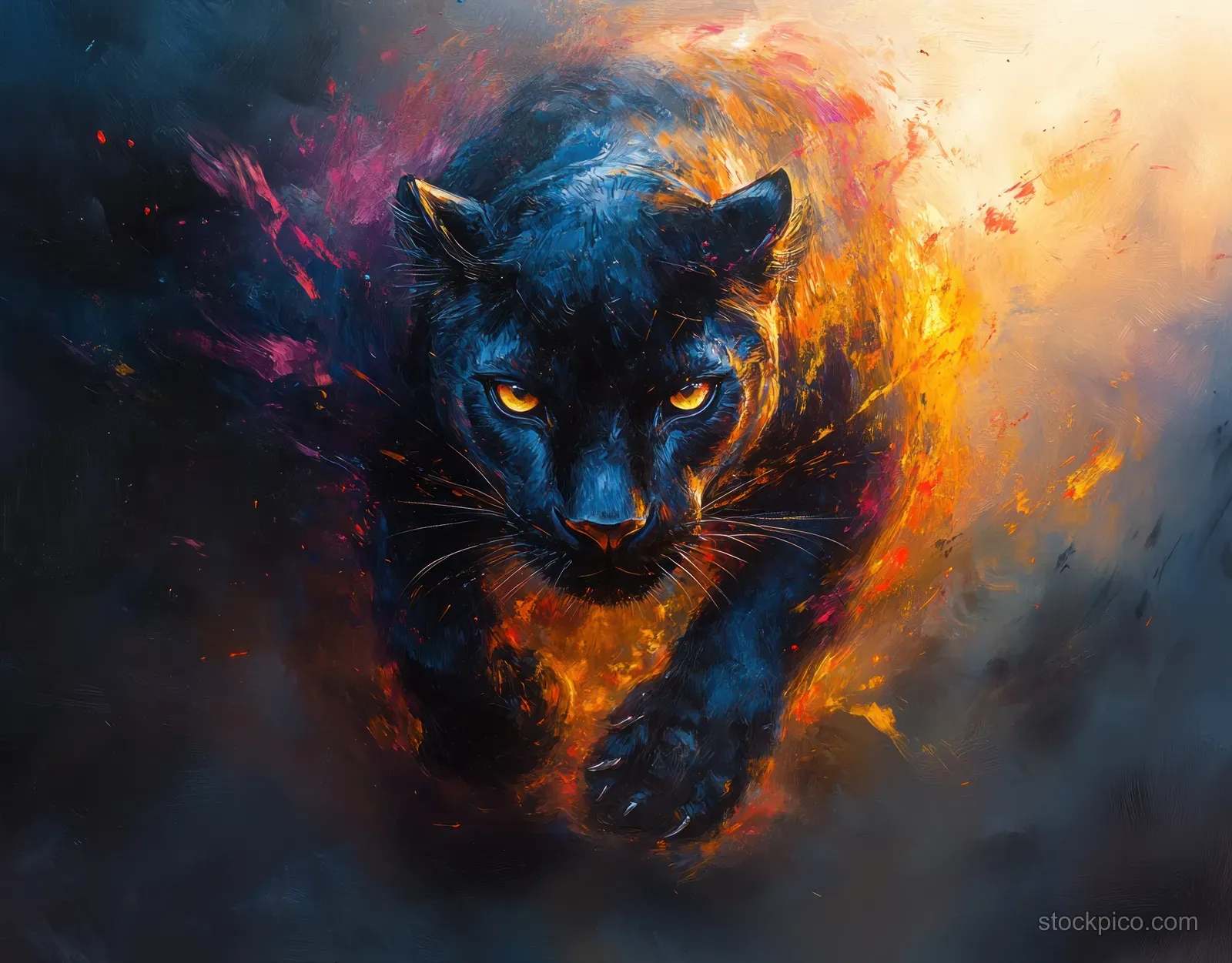 Abstract watercolor black panther head with vivid orange and blue splashes against a smoky background.