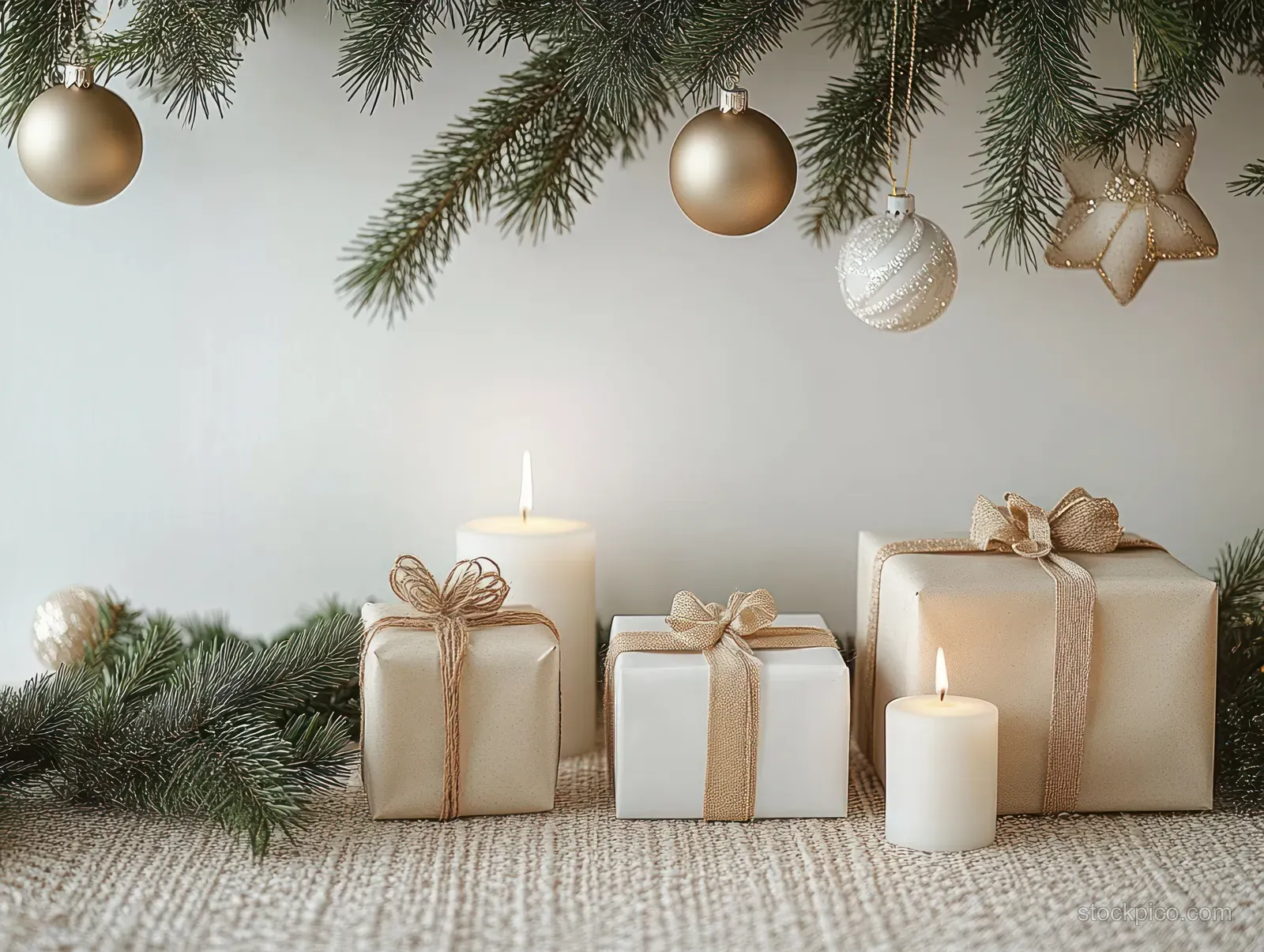 Wrapped Christmas gifts and glowing candles rest on a table with hanging pine branches above.