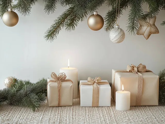 Wrapped Christmas gifts and glowing candles rest on a table with hanging pine branches above.
