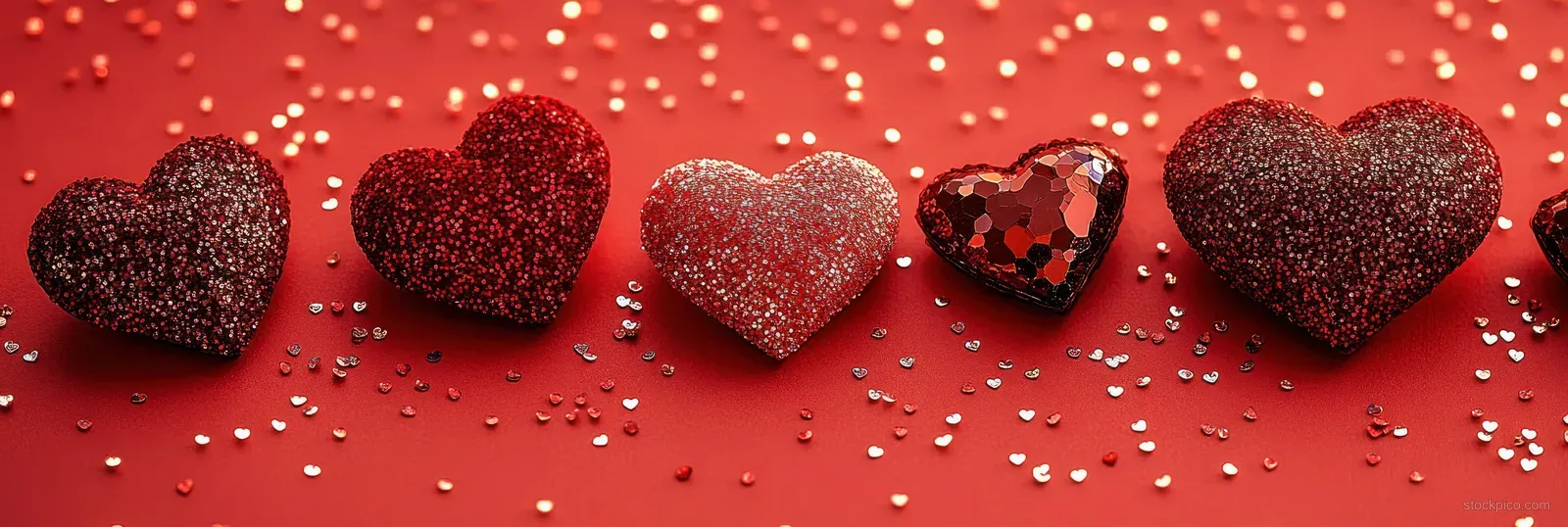 A row of glitter red hearts with small sparkles arranged on a vibrant Valentine’s red background.