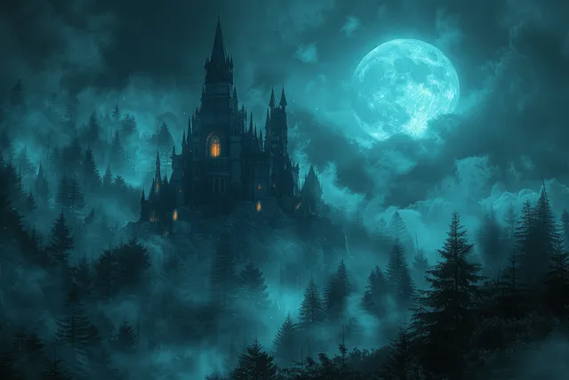 A gothic castle rises from misty pine forest under a bright full moon.