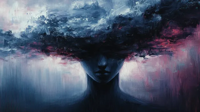 Faceless dark silhouette on a stormy abstract painting with layered clouds and fading light tones.