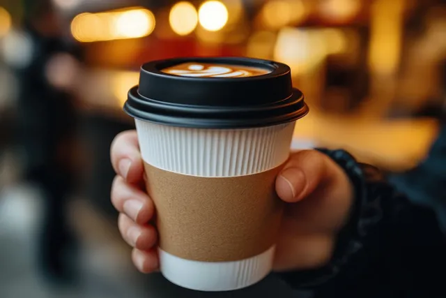 Hand holding a hot takeaway coffee cup with latte art, with warm blurred café lights in the background.