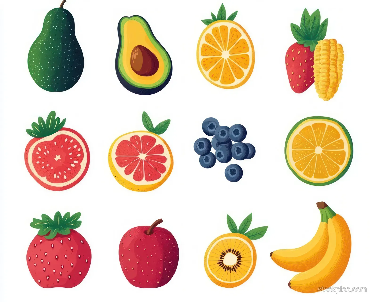Illustrated fruits and sliced citrus, including avocado, strawberries, bananas, and berries arranged on a white background with leaves.