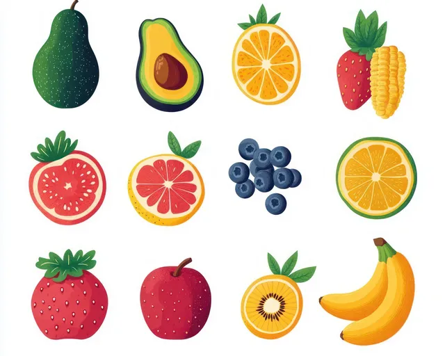 Illustrated fruits and sliced citrus, including avocado, strawberries, bananas, and berries arranged on a white background with leaves.