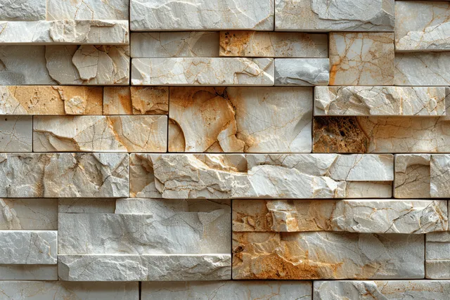 Close-up of a beige and cream stacked stone wall with chiseled rectangular blocks and warm mineral flecks.