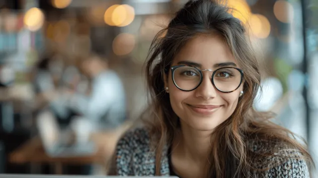 Smiling Indian student studies on a laptop, wearing glasses in a cozy cafe