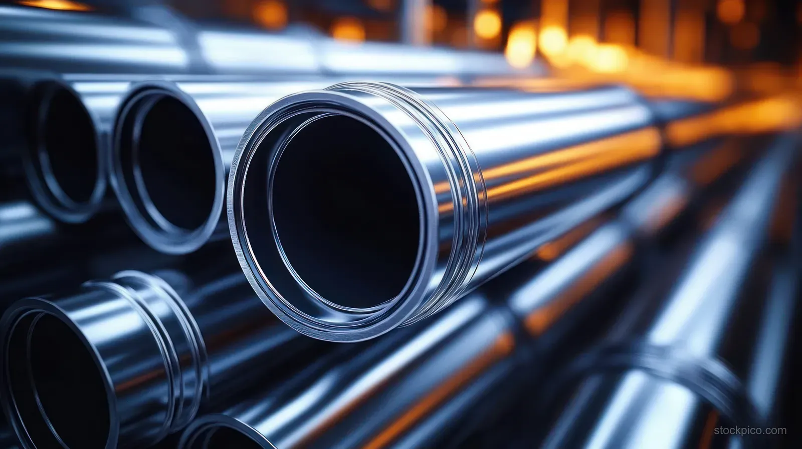 Stainless steel pipe ends arranged in rows, reflecting light with a deep blur background in an industrial setting.
