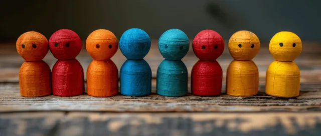 Painted wooden peg figurines with rounded heads line up on a rustic wooden surface.