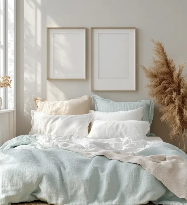 Minimalist bedroom with pastel bed linens, framed wall art, and dried pampas grass beside a sunlit window.