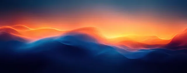 Abstract glowing sunset waves with layered blue and orange flowing curves across a dark horizon.