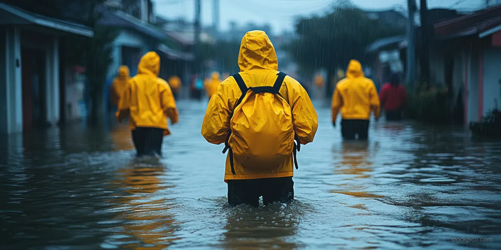 People in yellow rain ponchos walk through floodwater on a dark street during hurricane evacuation.