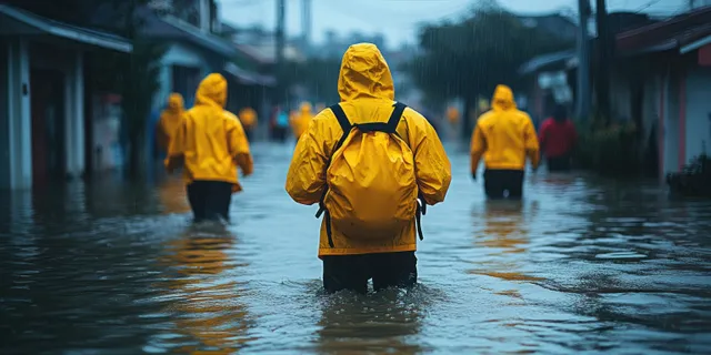穿黄色雨披的人们在飓风疏散期间穿过黑暗街道上的洪水。