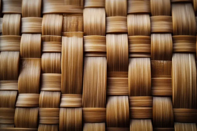 Close-up woven bamboo mat texture with square rattan-like strips and warm golden tones