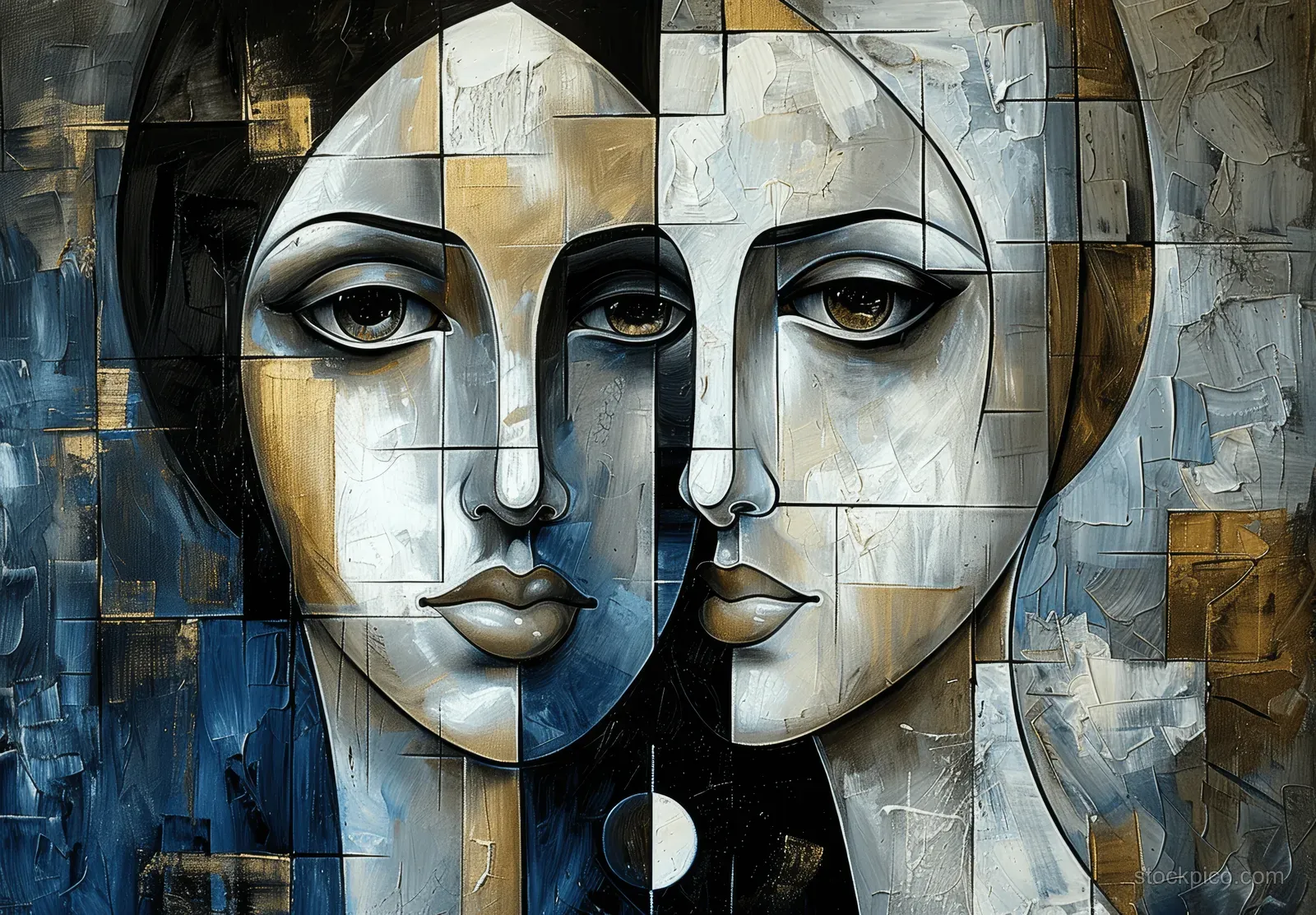 Cubist abstract face is formed by overlapping gray and blue geometric panels with a small dark circular detail.