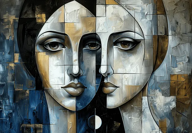 Cubist abstract face is formed by overlapping gray and blue geometric panels with a small dark circular detail.