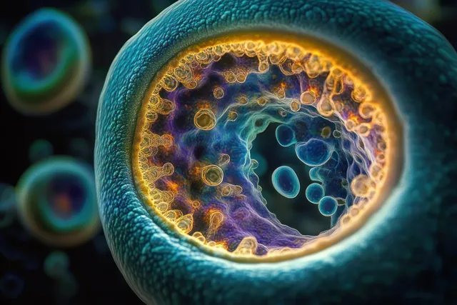 Bioluminescent microbes glow inside a circular membrane in an undersea microscopic visualization.