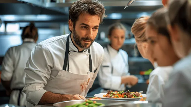 Mentor chef and young trainees plate a colorful meal together in a busy restaurant kitchen.