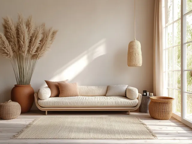 Beige sofa in a sunlit Scandinavian living room with pampas grass decor and neutral rugs by the window.