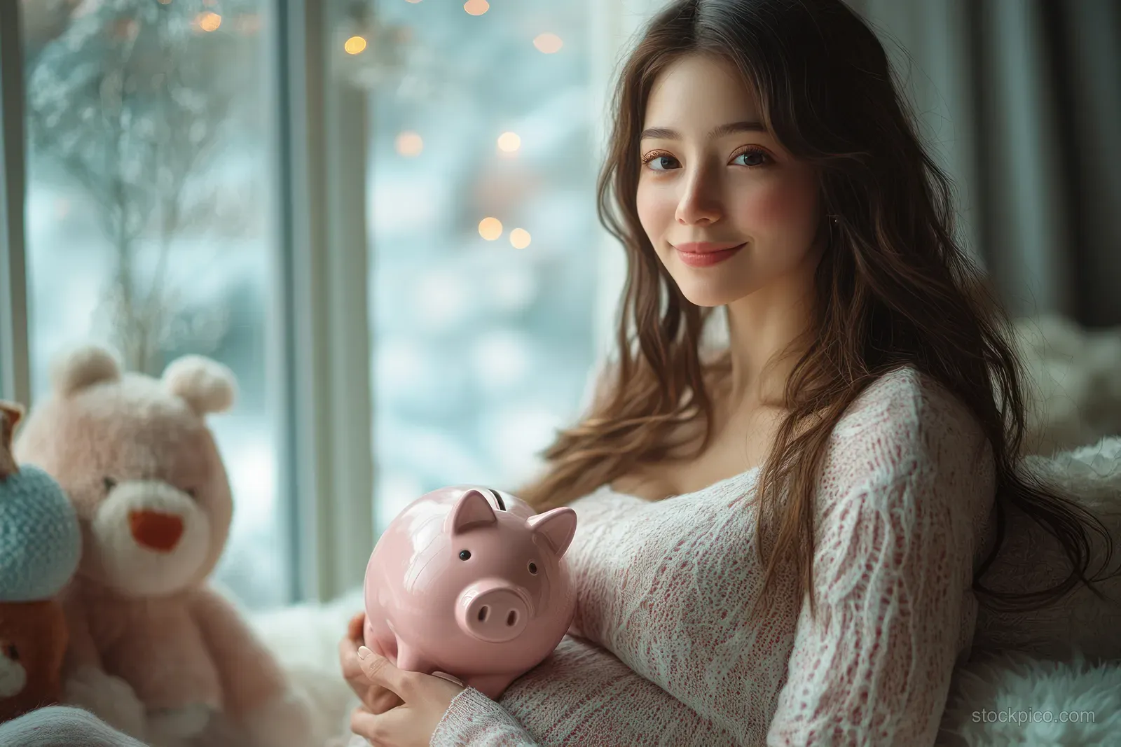 Pregnant woman holding a pink piggy bank while plush baby toys sit beside her near a bright window.