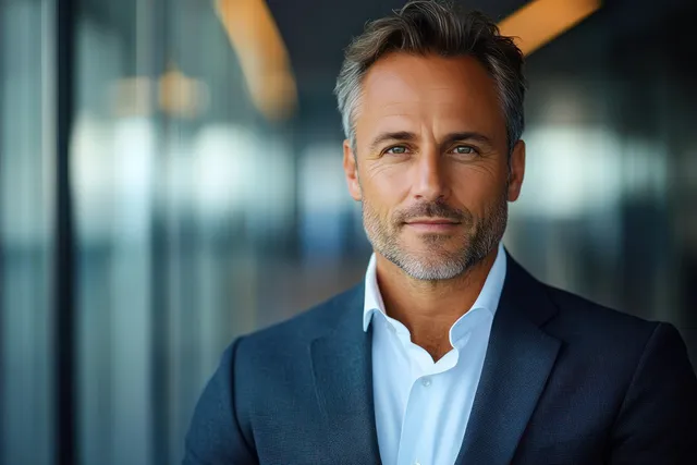 Confident businessman smiling at camera in modern office, dark blazer and light shirt