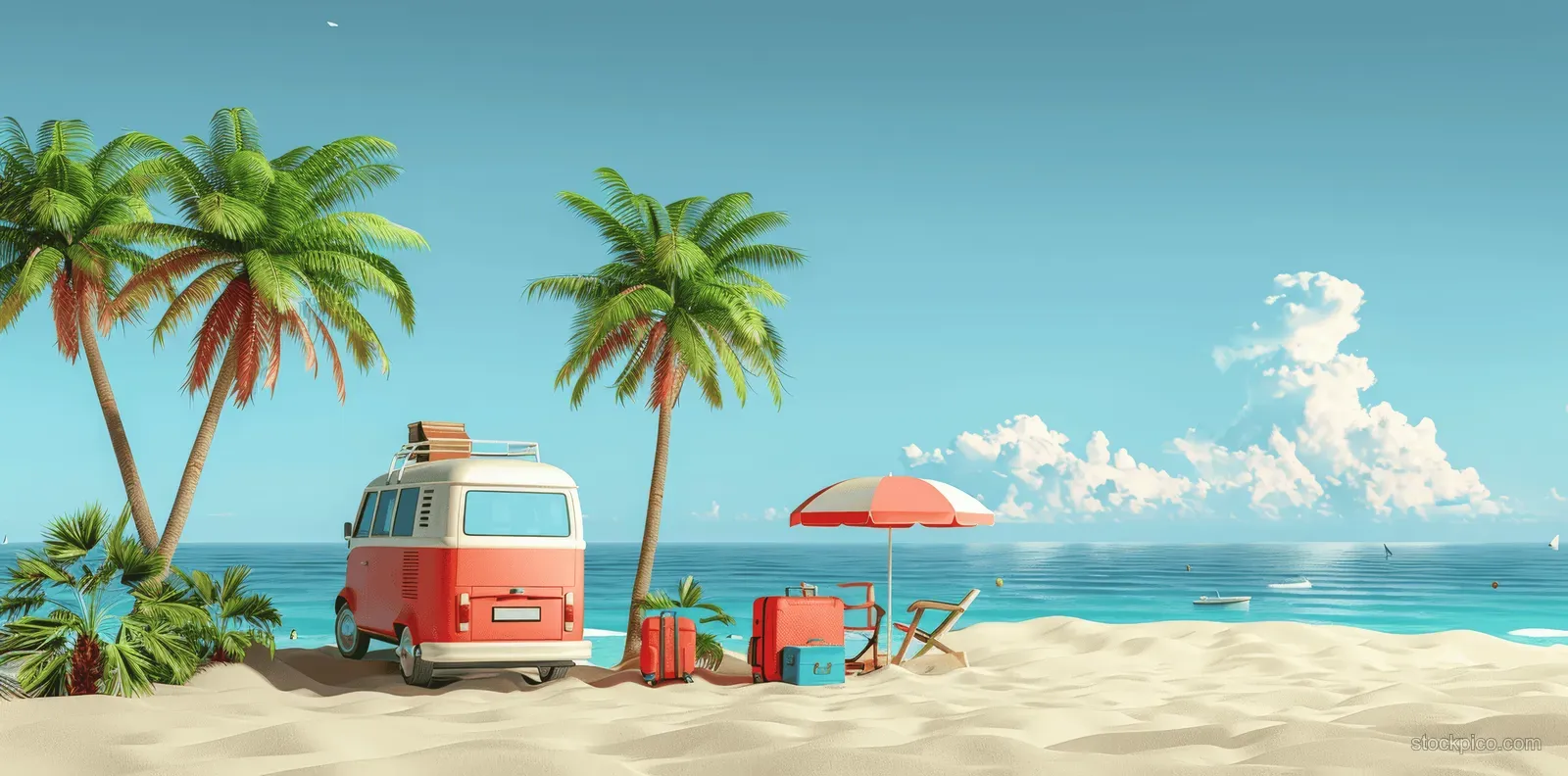 3D summer beach scene with a campervan, palm trees, beach chairs, and an umbrella on sandy shore.