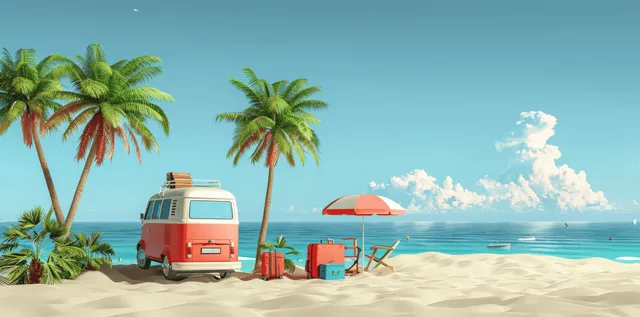 3D beach summer scene with palm trees, campervan, umbrellas, and travel accessories on sand