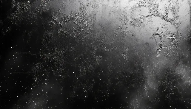 Black and white speckled film-grain texture with dusty particles and smoky light gradient across a dark background.