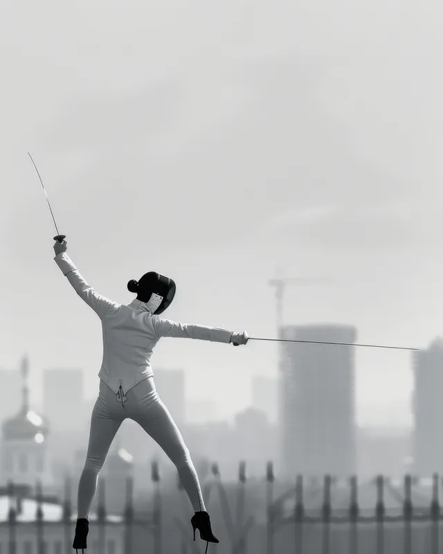 Elegant Russian fencer lunging in Moscow, city skyline haze behind her