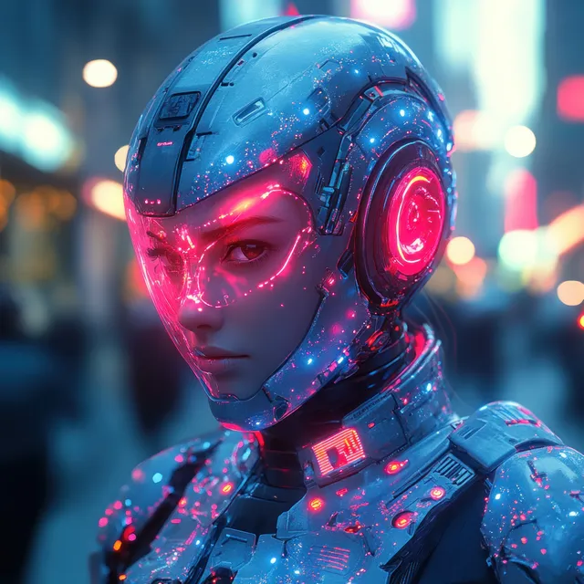 Cyborg warrior woman in neon cyberpunk armor leaning on motorcycle at night street