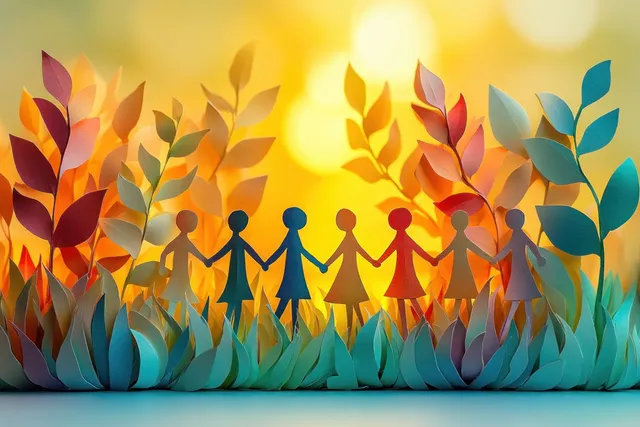 Diverse paper cutout people hold hands in a row beneath colorful leaf silhouettes on a yellow background.