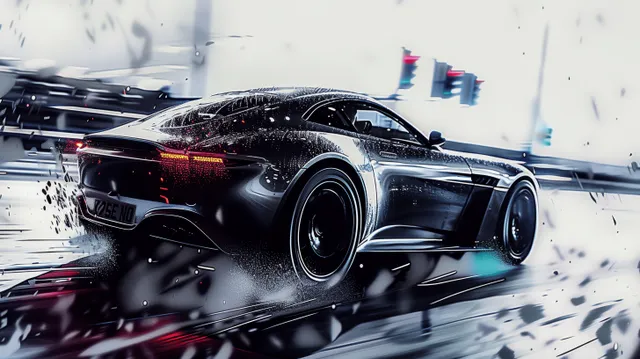 Futuristic black electric sports car speeds down a night highway with neon light trails and motion blur.