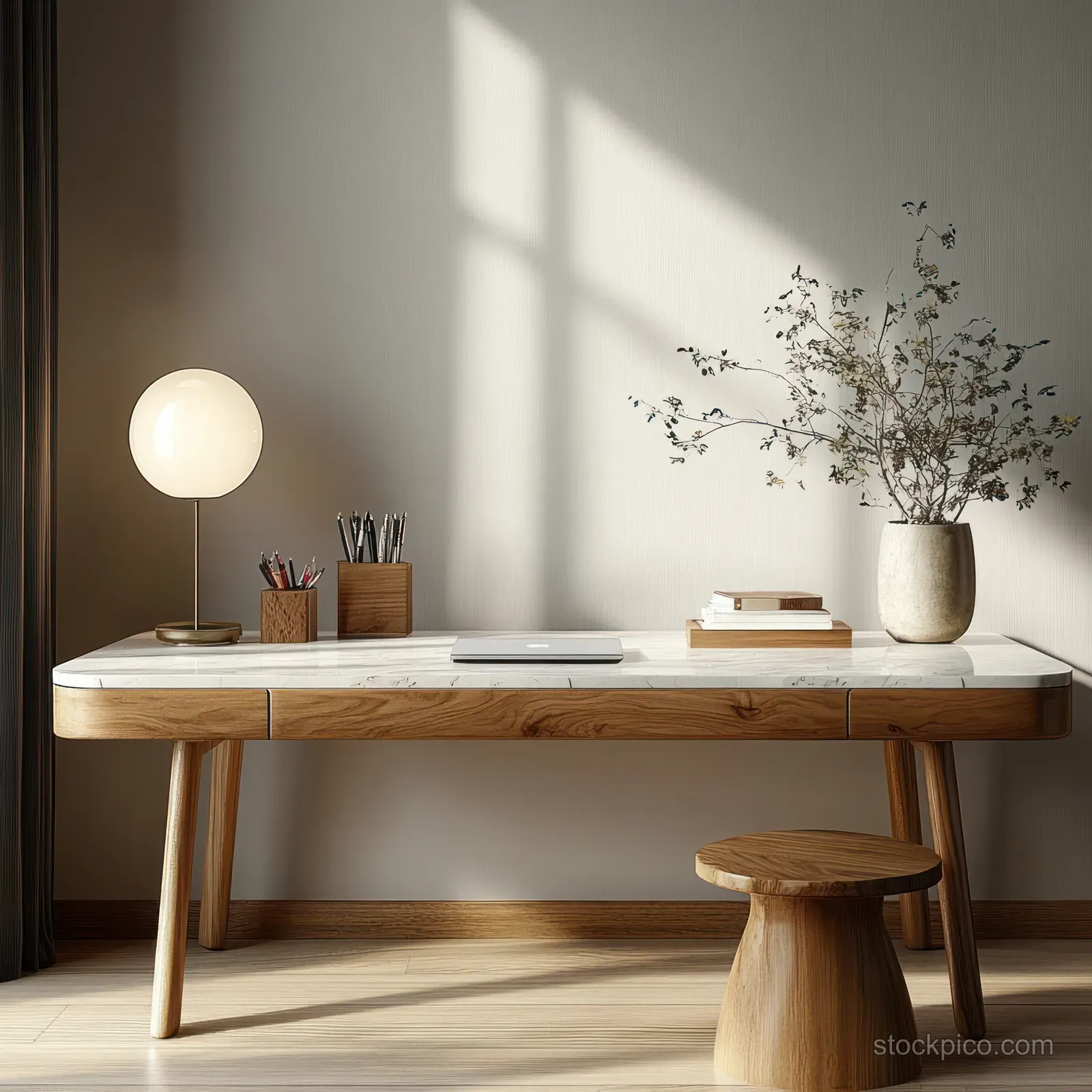 A wooden desk with a marble top sits in a sunlit minimalist room with a lamp and vase.