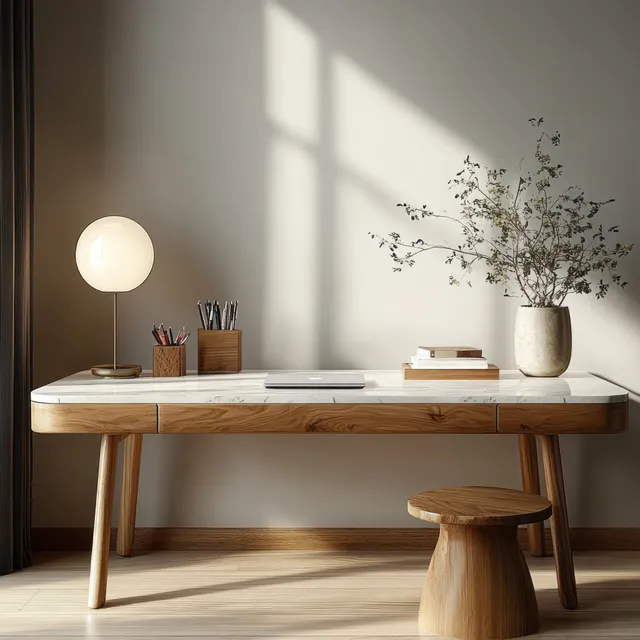 A wooden desk with a marble top sits in a sunlit minimalist room with a lamp and vase.