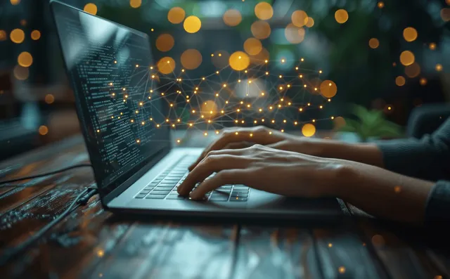 A laptop displays interactive online study elements for digital marketing education and course development on a virtual platform.