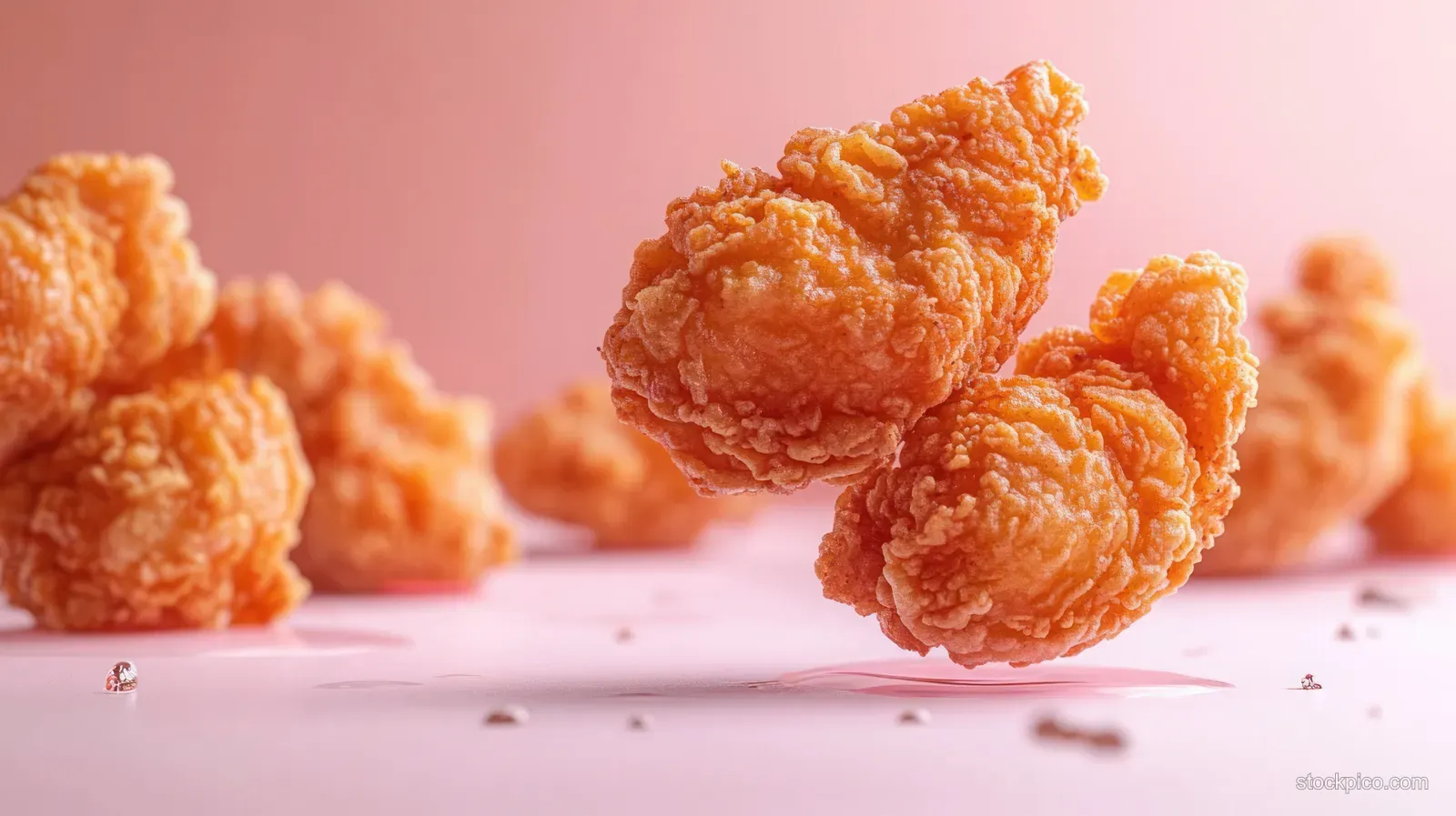 Crispy golden fried chicken pieces are scattered on a soft pink background with visible crunchy breading.